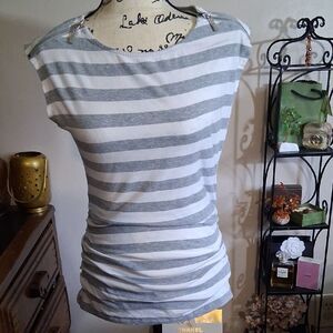 Michael Kors Gray and White Striped Zipper Detail Ruched Women's Top Size Small